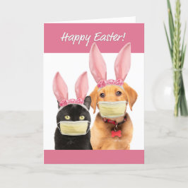 Glad påsk Cute Cat och Hund i Covid Ansikte Mask Helgkort