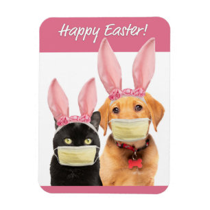 Glad påsk Cute Cat och Hund i Covid Ansikte Mask Magnet