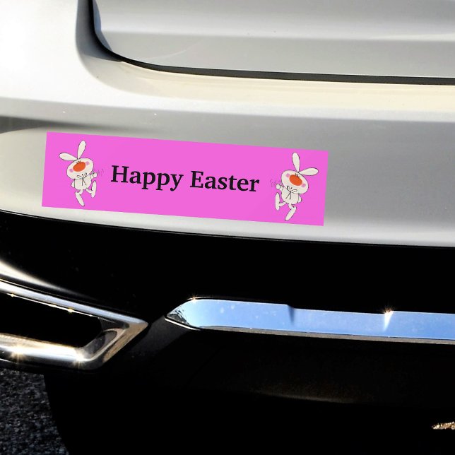 Glad påsk Cute Dancing Rabbit Bildekal (Cute white rabbits orange noses thumbs up sign on vibrant pink Happy Easter bumper sticker.)