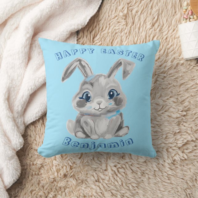 Glad påsk Cute Grått Bunny Rabbit Blue Namn Kudde (Filt)