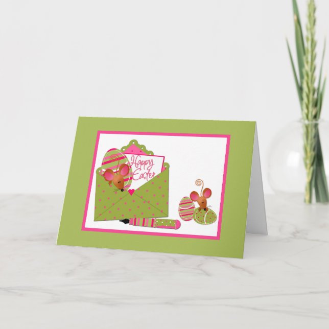 Glad påsk, Cute Mice, Grönt Rosa Polka dots Helgkort (Framsida)