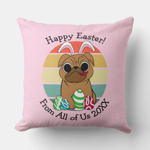 Glad påsk Cute Pug w Bunny Öron & Colorful Eggs Kudde