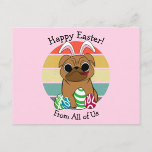 Glad påsk Cute Pug w Bunny Öron & Colorful Eggs Vykort