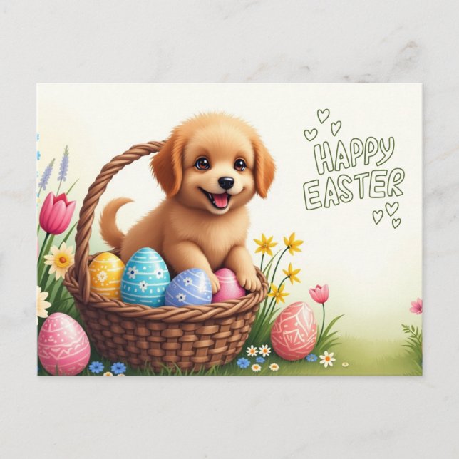 Glad påsk Cute Puppy med Påskägg Helg Vykort (Framsida)