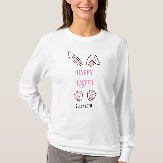 Glad påsk Cute Rosa Bunny Öron T Shirt (Framsida)