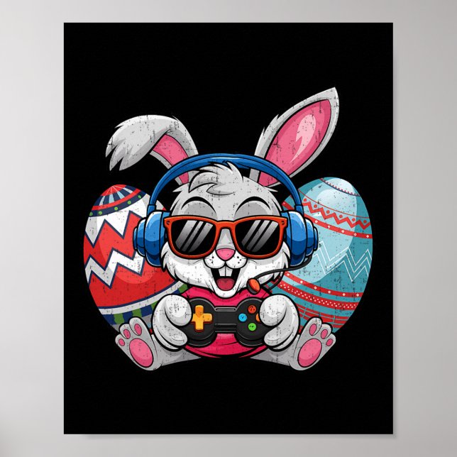 Glad påsk Dag Cute Bunny spelar videospel Kid Poster (Framsidan)