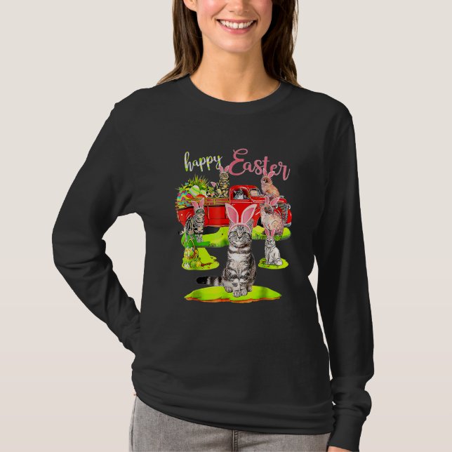 Glad påsk Dag Cute Cat Riding Red Lastbil Kärlek B T Shirt (Framsida)