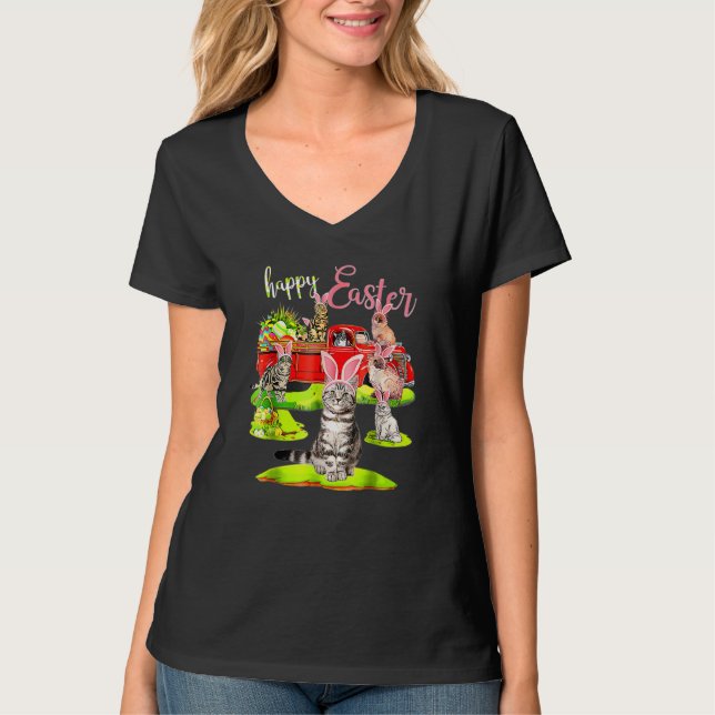 Glad påsk Dag Cute Cat Riding Red Lastbil Kärlek B T Shirt (Framsida)