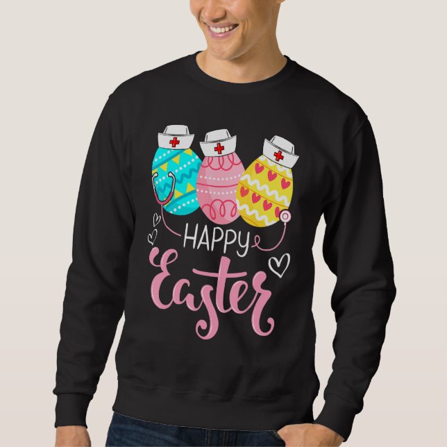 Glad påsk Dag Kursing Cute Bunny Egg Nurse Stet Lång Ärmad Tröja (Framsida)