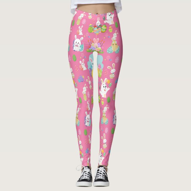 Glad påsk dag-Mönster-flotta Bunny och ägg Leggings (Framsida)