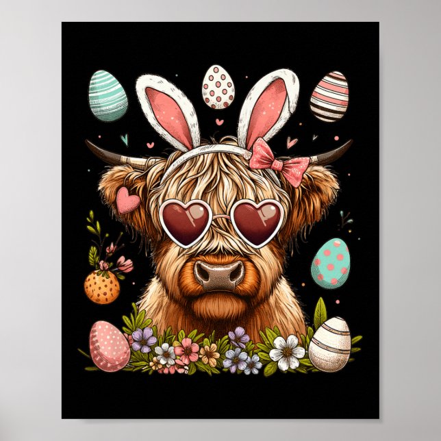 Glad påsk Day Highland Cow Påskhare Rabbit Poster (Framsidan)