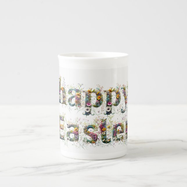 Glad påsk Decorative Wildblomstext Benporslin Mugg (Framsidan)