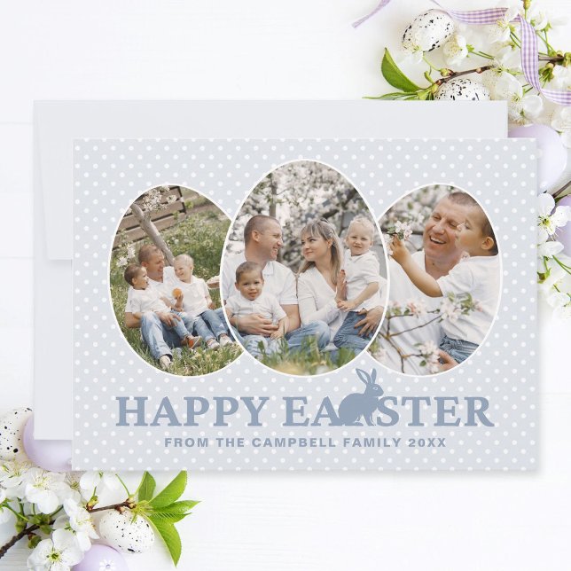 Glad påsk Dusty Blue Rabbit Anpassningsbar Photo E Julkort (Easter family photo collage card with egg-shaped photo frames, dusty blue text and bunny.)