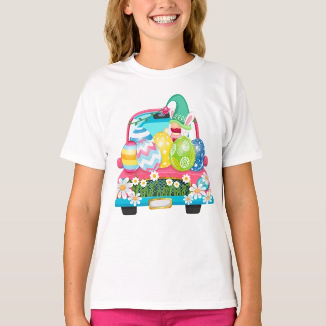 Glad påsk Egg Gnomes Bunny Lastbil Girl T Shirt (Framsida)