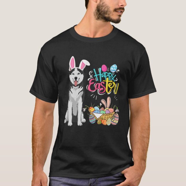 Glad påsk Eggs Bunny Hund Husky Boys Girls T Shirt (Framsida)