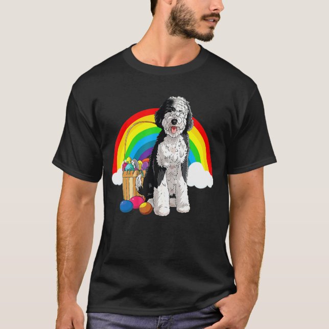 Glad påsk Eggs Bunny Hund Sheepadoodle 4 T Shirt (Framsida)