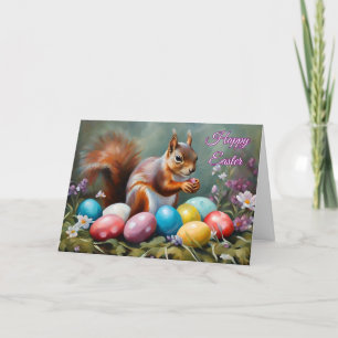 Glad påsk-ekorren med Påskägg, blommor Helgkort