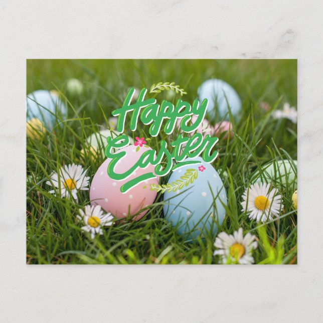 Glad påsk Färgfärgade färgade ägg och blommor Vykort (Framsida)