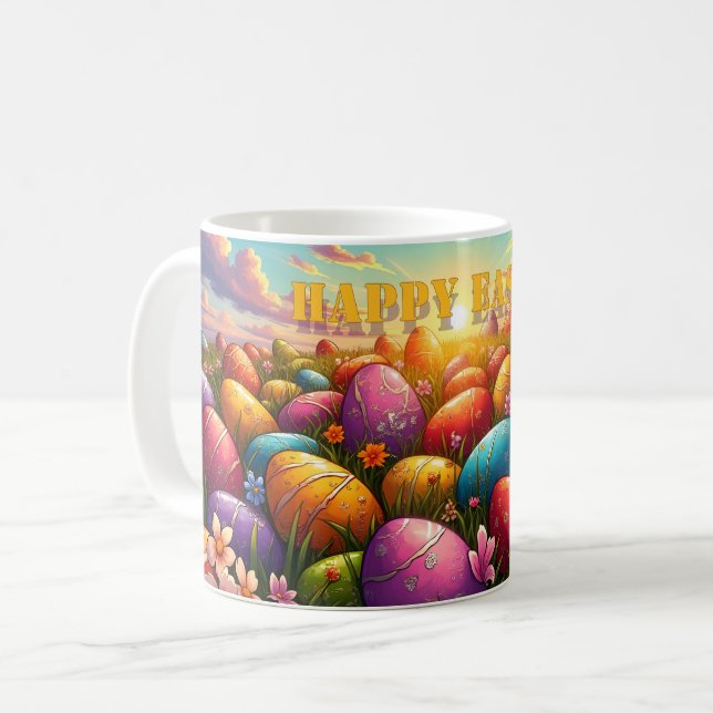 Glad Påsk Färgglada Ägg i Våräng Kaffemugg (Framsida vänster)