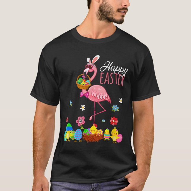 Glad påsk Flamingo med Påskägg Bysket Hunti T Shirt (Framsida)