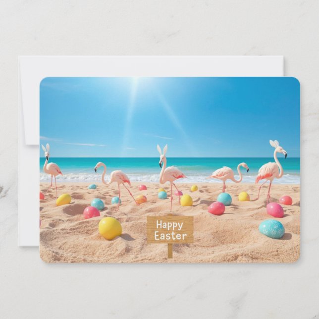 Glad påsk Flamingo påskäggsjakt på stranden Julkort (Framsida)