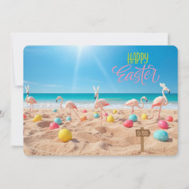 Glad påsk Flamingo påskäggsjakt på stranden Julkort