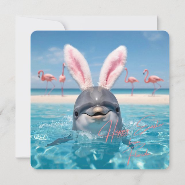 Glad påsk Florida Strand Flamingos och Delfin Julkort (Framsida)