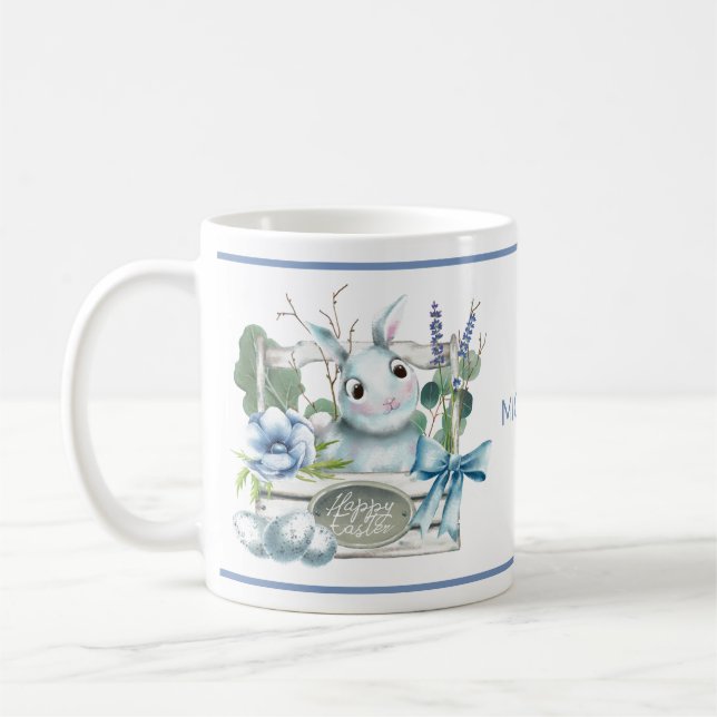 Glad påsk Flower Blue Bunny Rabbit Personlig Kaffemugg (Vänster)