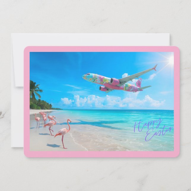 Glad Påsk Flygplan Över Strand med Flamingos Julkort (Framsida)