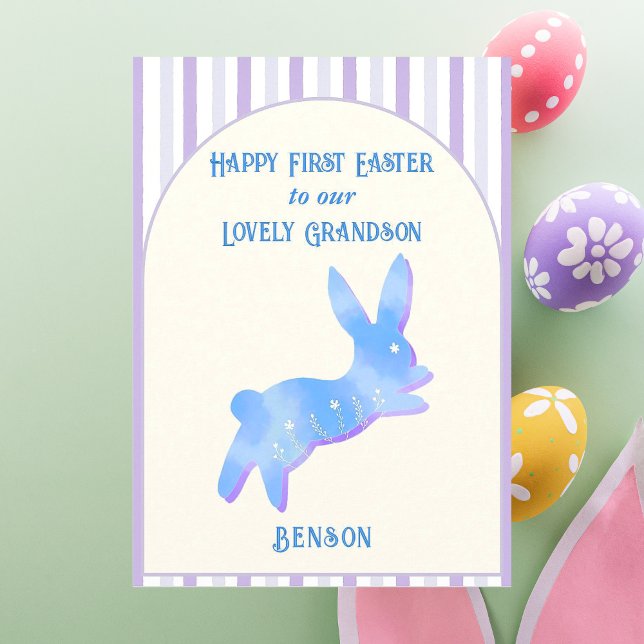 Glad påsk för första gången sonson Vattenfärg Blå  Julkort (This Happy First Easter Watercolor Blue Bunny Card will surely give your grandson a warm surprise! )
