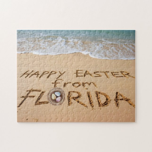 Glad påsk från Florida skrivet i sanden Pussel (Horisontell)