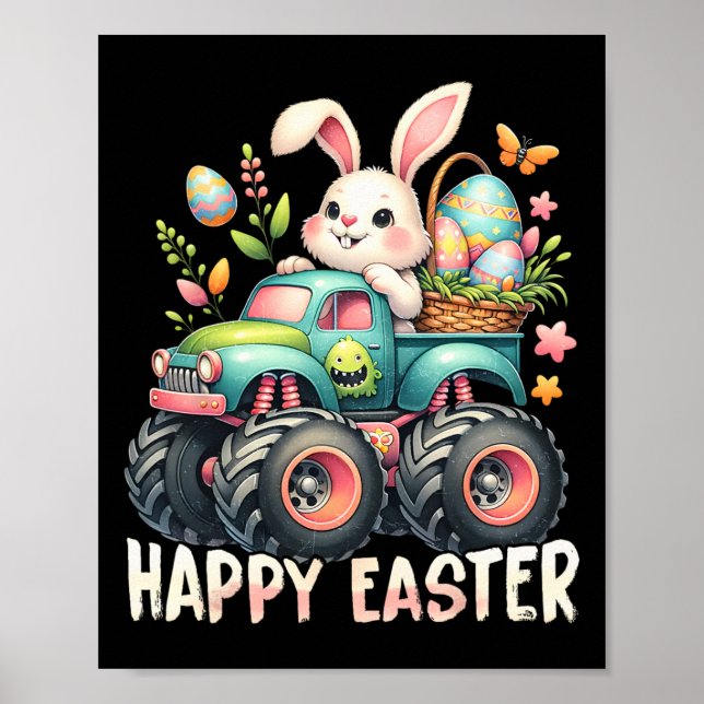 Glad påsk Funny Construction Lastbilar Kids Bunny Poster (Framsidan)