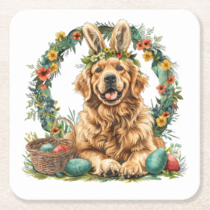 Glad påsk Golden Retriever Hund Kaninöron Underlägg Papper Kvadrat