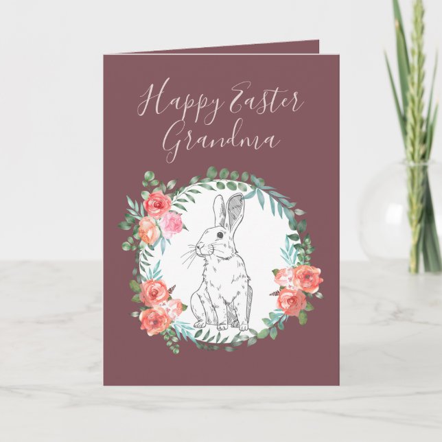 Glad påsk Grandma Bunny Blommigt Boho Deep Violet Helgkort (Framsida)