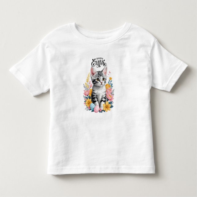 Glad påsk Grått Tabby med blommor T Shirt (Framsida)