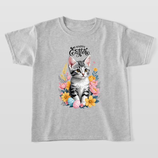 Glad påsk Grått Tabby med blommor T Shirt (Laydown)