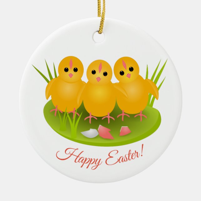 Glad påsk gult chickar på grönt gräs julgransprydnad keramik (Framsidan)