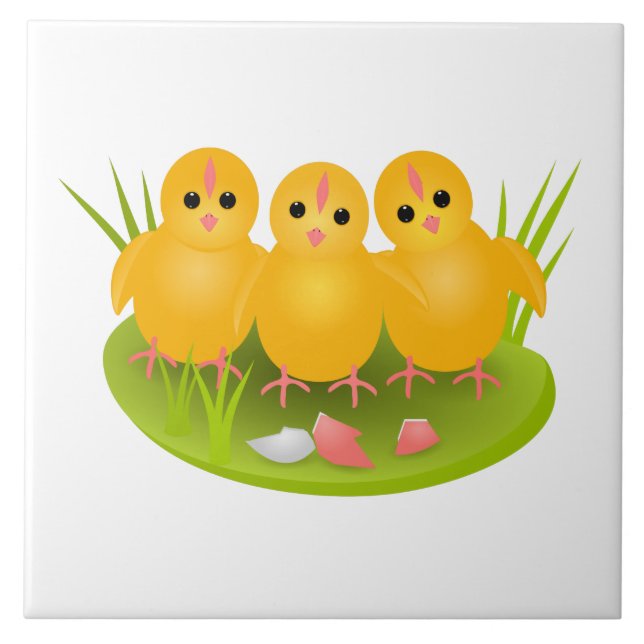 Glad påsk gult chickar på grönt gräs kakelplatta (Framsidan)
