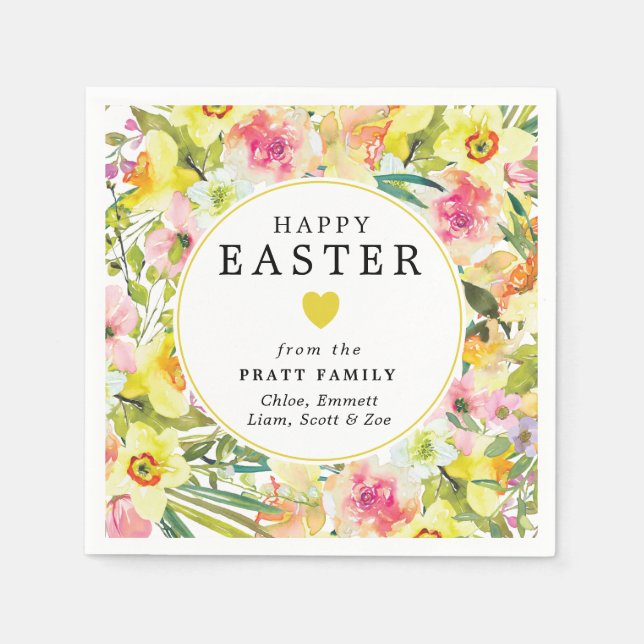 Glad påsk Gult Daffodil Heart Pappersservett (Framsidan)