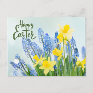 Glad påsk Gult Daffodils och Blåa blommor Vykort