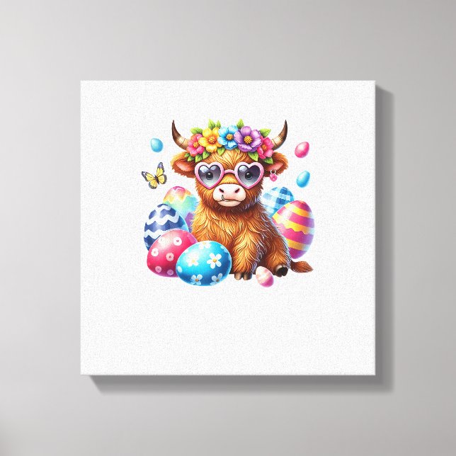 Glad påsk Highland Ko Kviga Påskdag Bonde Canvastryck (Framsida)