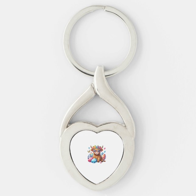 Glad påsk Highland Ko Kviga Påskdag Bonde Twisted Heart Silverfärgad Nyckelring (Framsidan)