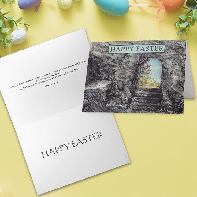 Glad påsk Jesus, han är berikad vattenfärg Kort (Jesus is risen happy Easter card with bible quote christian religious holiday card)