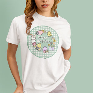 Glad Påsk Kanin Chick Ägg Grön Gingham T Shirt