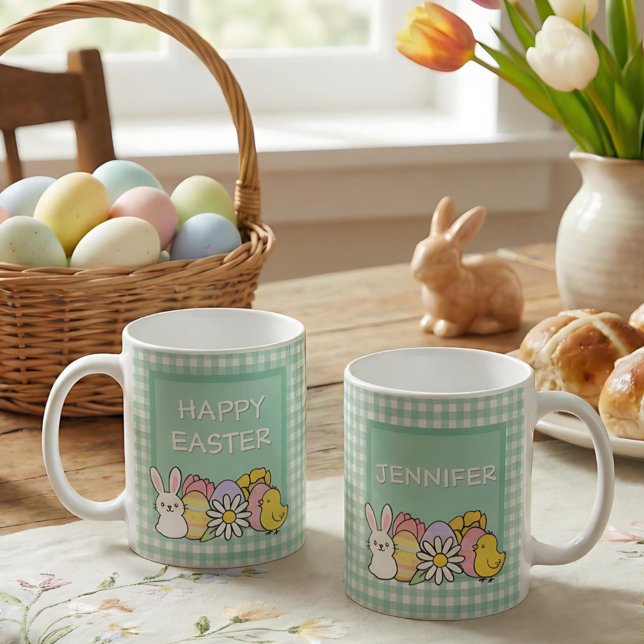 Glad Påsk Kanin Chick Ägg Grön Rutig Kaffemugg (Skapare uppladdad)