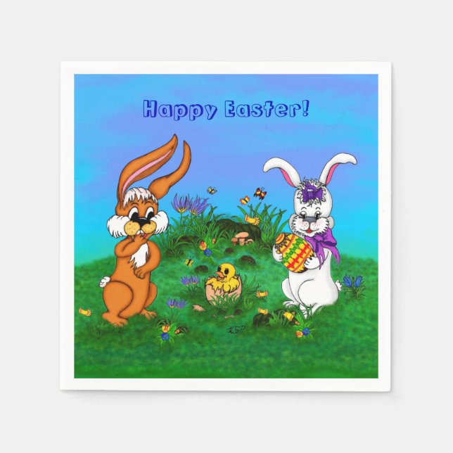 Glad påsk! Kanin med Bunny och Chick Pappersservett (Framsidan)