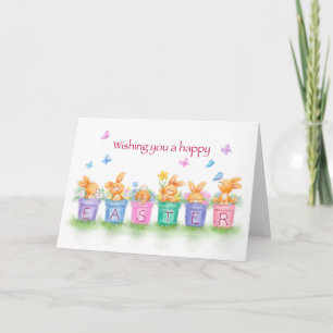 Glad påsk, kaniner i blomkrukor med blommor kort