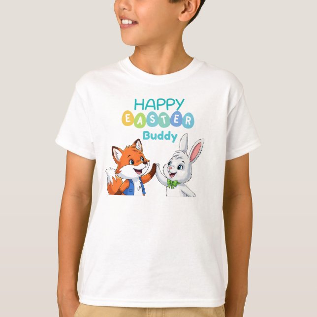 Glad påsk kompis Söt kanin och räv barn t-shirt (Framsida)