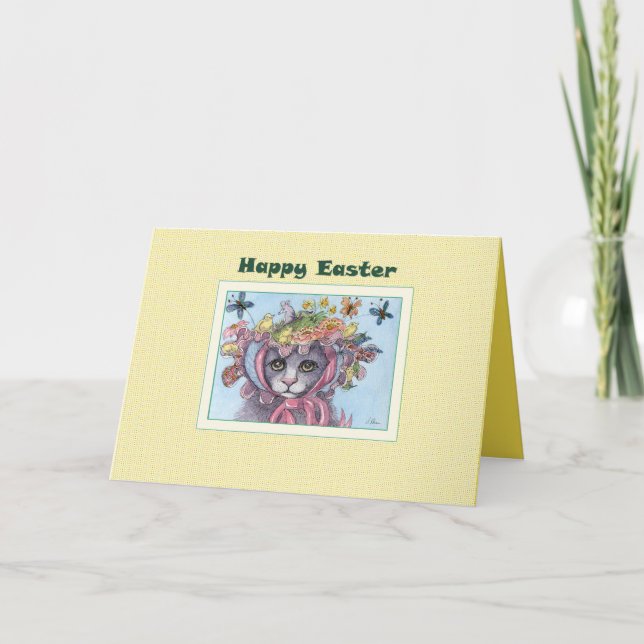 Glad påsk-kort, katt i Påsk-bonnet Helgkort (Framsida)