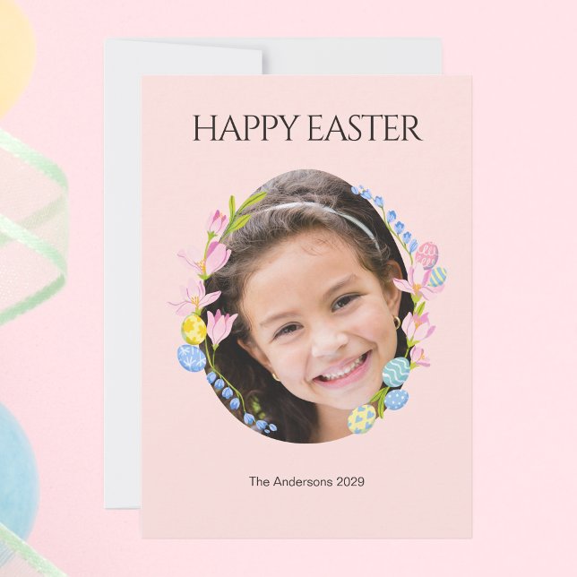 Glad påsk-kort med Blommigt Photo Ram Julkort (Happy Easter Card with Floral Photo Frame)